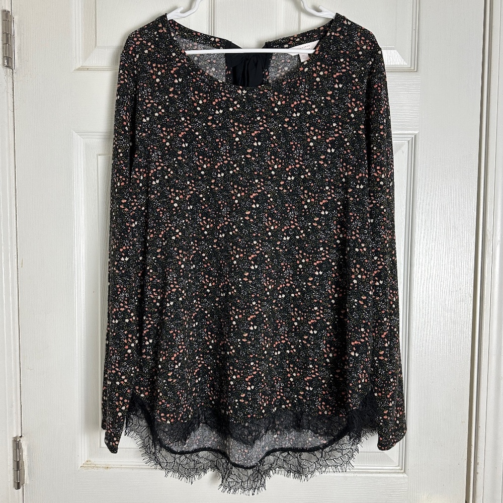 Lauren Conrad Black Floral Lace Cozy Winter Pullover Sweater Top Women Size XL